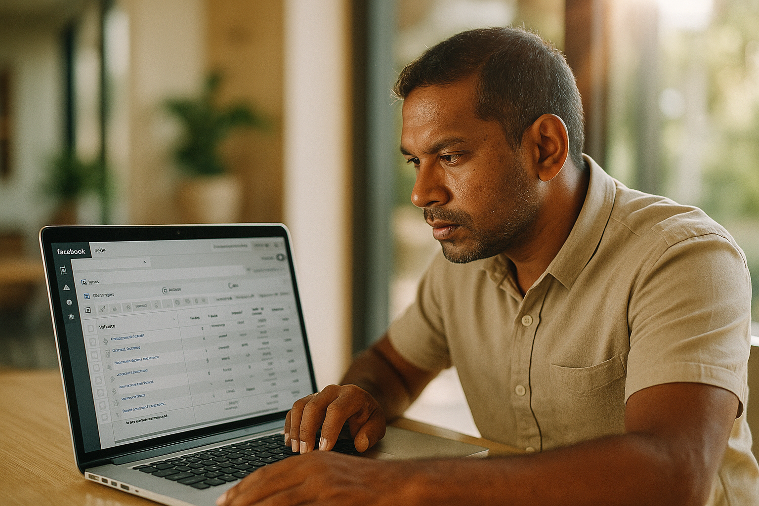 small business owner in Mauritius looking at Facebook Ads Manager on a laptop in a bright, modern setting