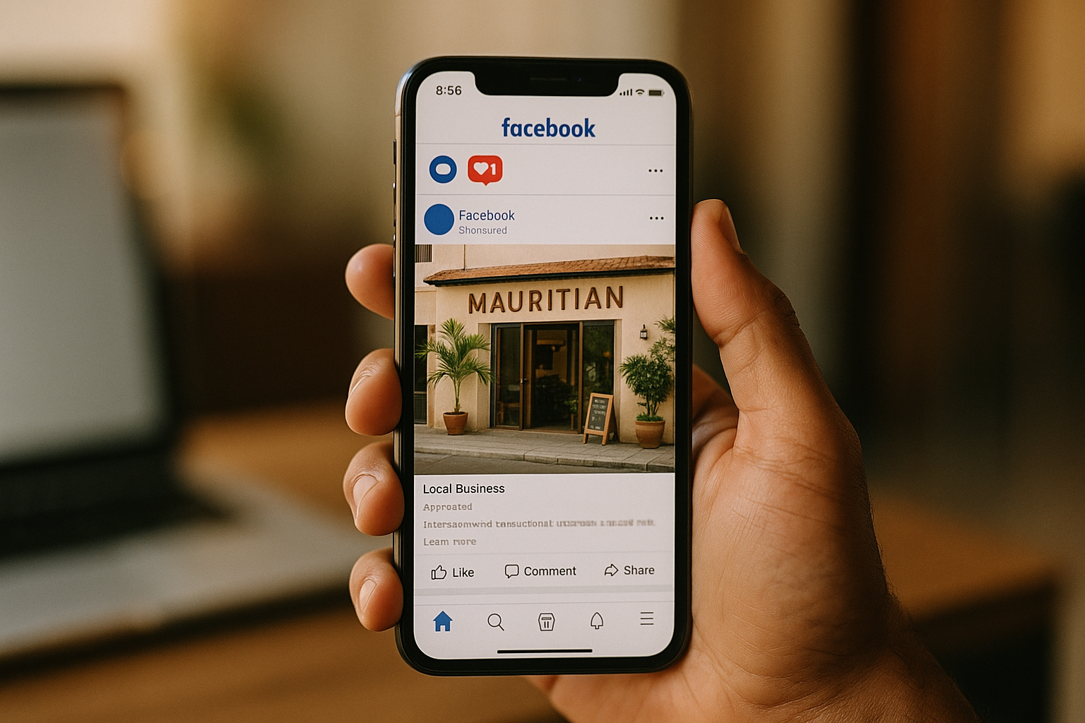 phone screen showing a Facebook ad for a local Mauritian business with engagement notifications