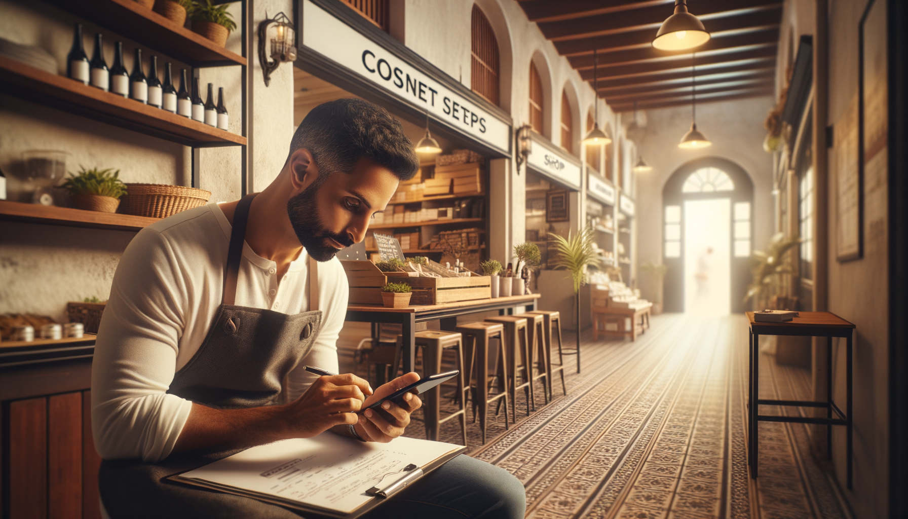 small business owner in Mauritius creating social media content on their phone in a shop setting