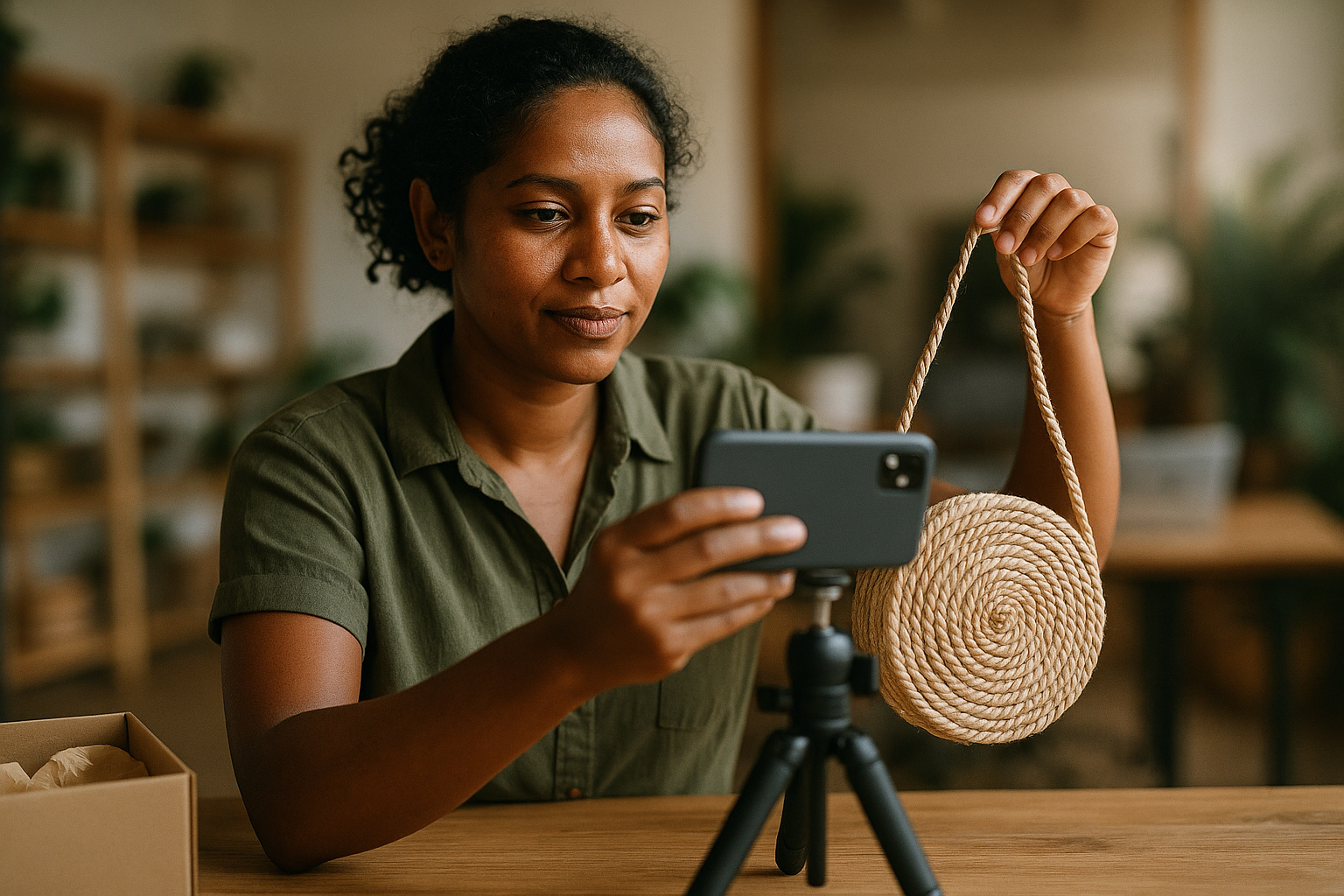 small business owner in Mauritius filming a short video of their product with a smartphone