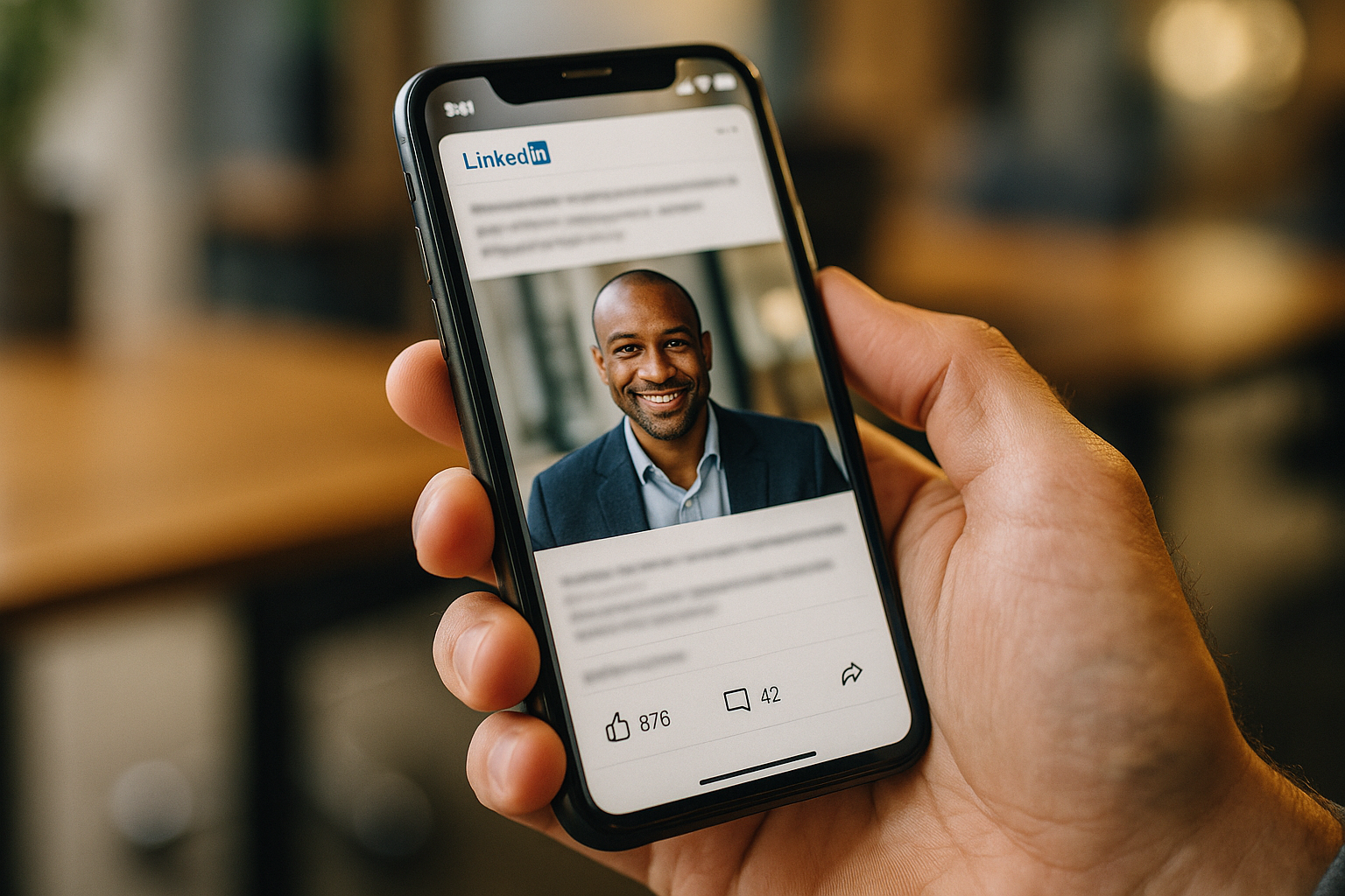 Close-up of a LinkedIn post on a smartphone screen showing strong engagement — likes, comments, and a professional profile photo visible