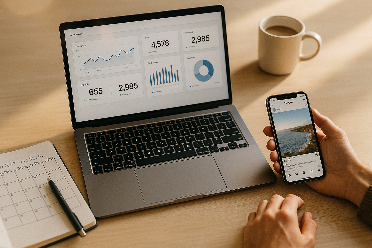 A clean flat-lay of a laptop showing social media analytics dashboard, alongside a notebook with a content calendar, coffee cup, and smartphone with Instagram open — bright modern desk setup