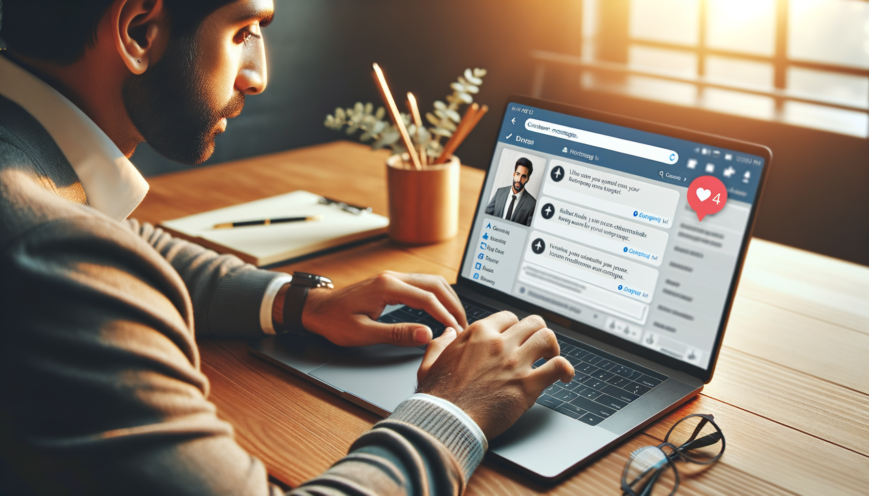 person replying to customer messages on a business Facebook page on their laptop, with notification icons visible