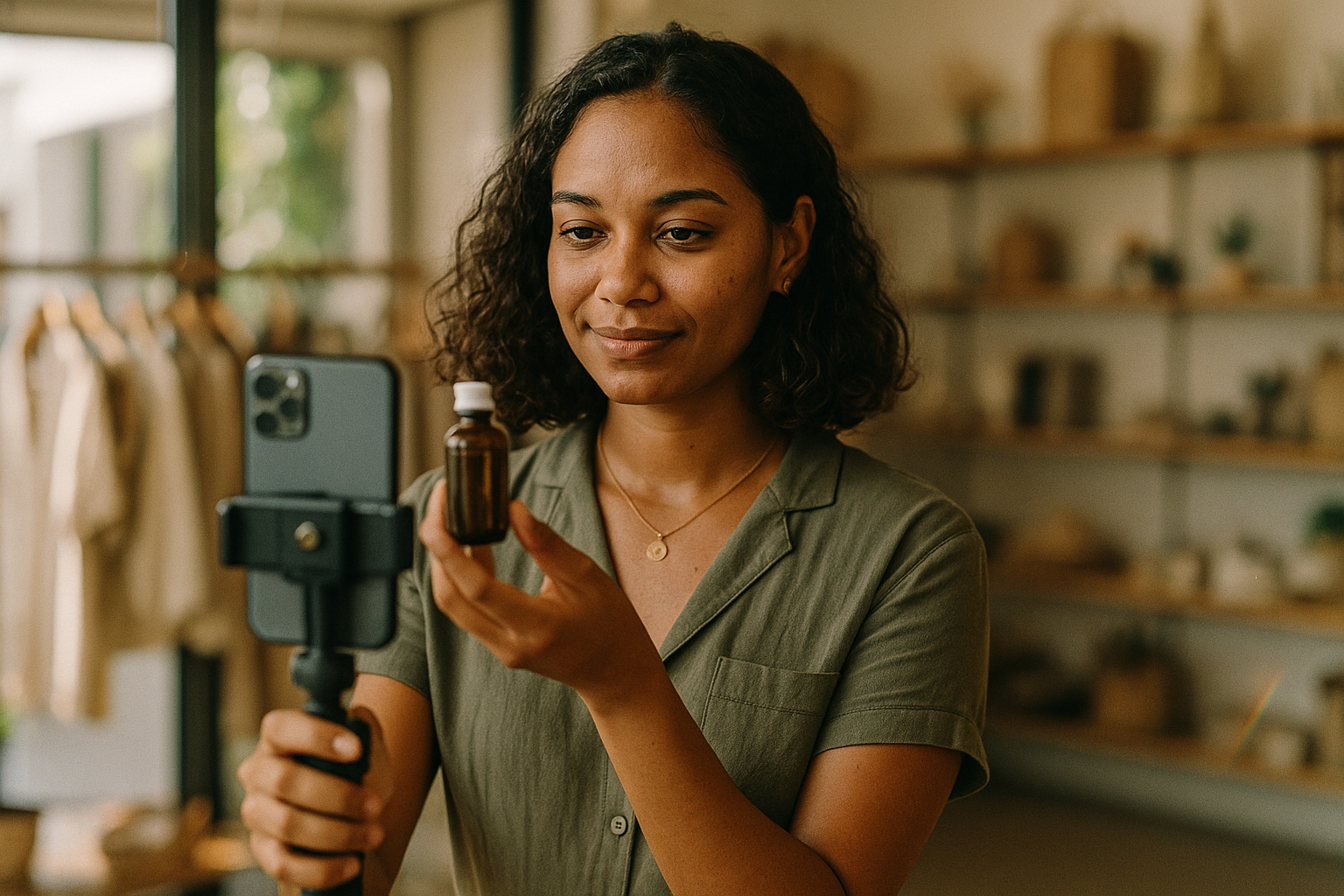 young Mauritian business owner filming a short product video on her phone inside a boutique, natural light, relaxed and authentic feel