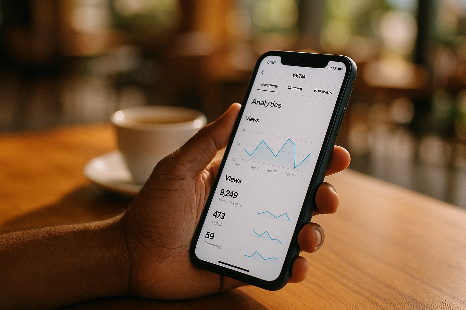 close-up of a smartphone screen showing TikTok analytics dashboard with views and engagement stats, on a wooden café table in Mauritius, warm natural light