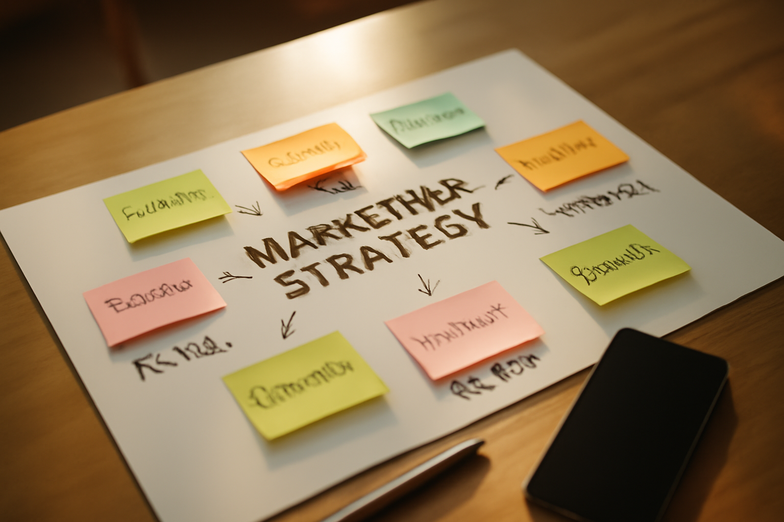 bird's-eye view of a marketing strategy whiteboard covered in colourful sticky notes, arrows, and budget breakdowns written in Rs, with a smartphone and pen nearby, warm office lighting, clean and organised