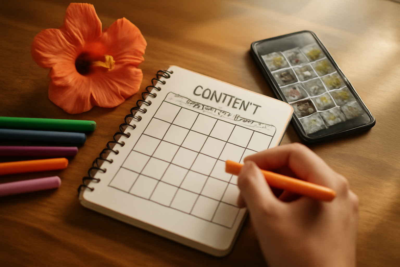 flat-lay of a content planning session — a notebook with a hand-drawn content calendar, coloured markers, a smartphone showing a social media grid, a hibiscus flower, on a warm wooden table with soft natural light from the side