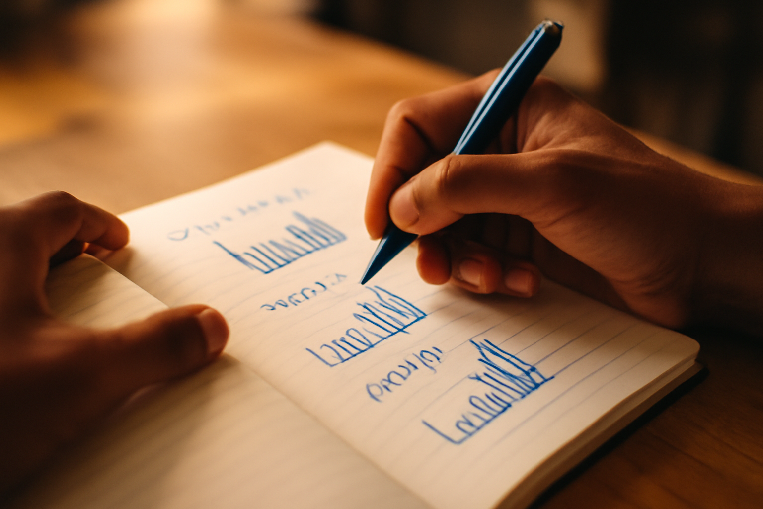 close-up of two hands writing in a lined notebook, with simple hand-sketched bar charts and the words 
