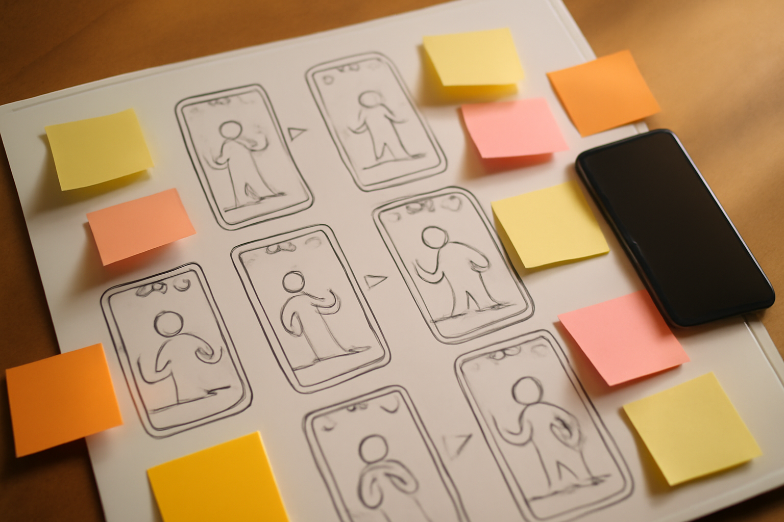 bird's-eye view of a content planning whiteboard covered in TikTok-style storyboard sketches, sticky notes in different colours, and a smartphone placed to one side, warm studio lighting, flat-lay editorial feel