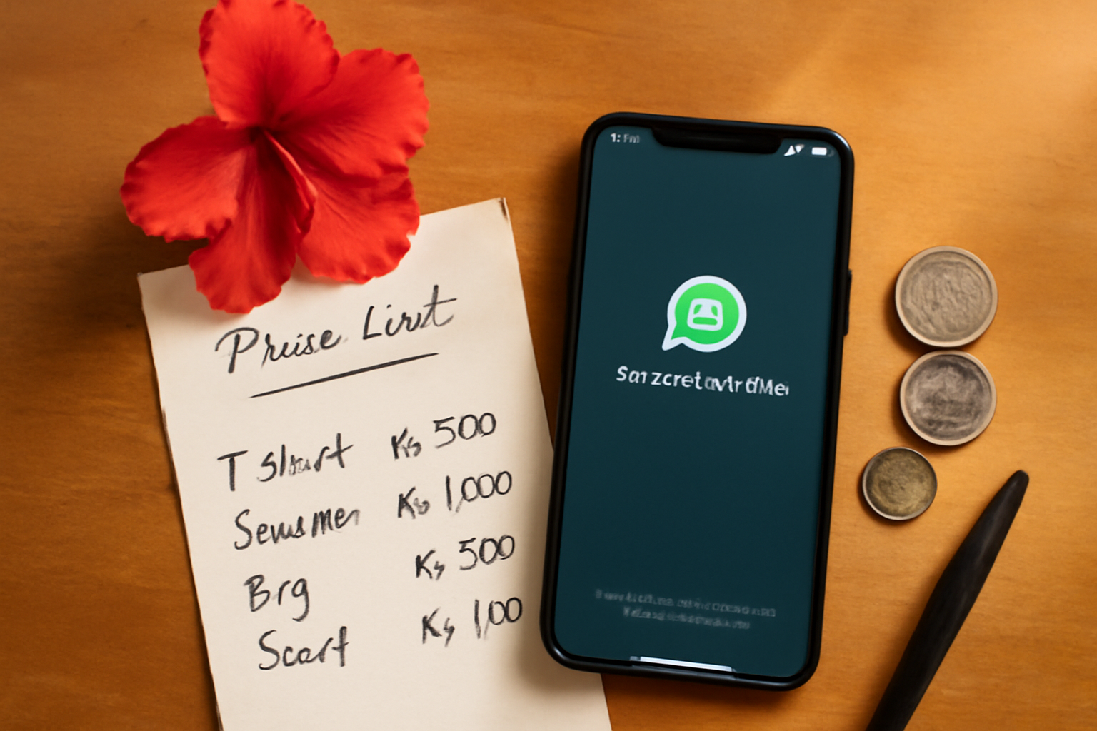flat-lay of a phone displaying WhatsApp Business interface, surrounded by a handwritten price list, a hibiscus flower, Mauritian rupee coins, and a pen on a warm wooden surface, shot from above