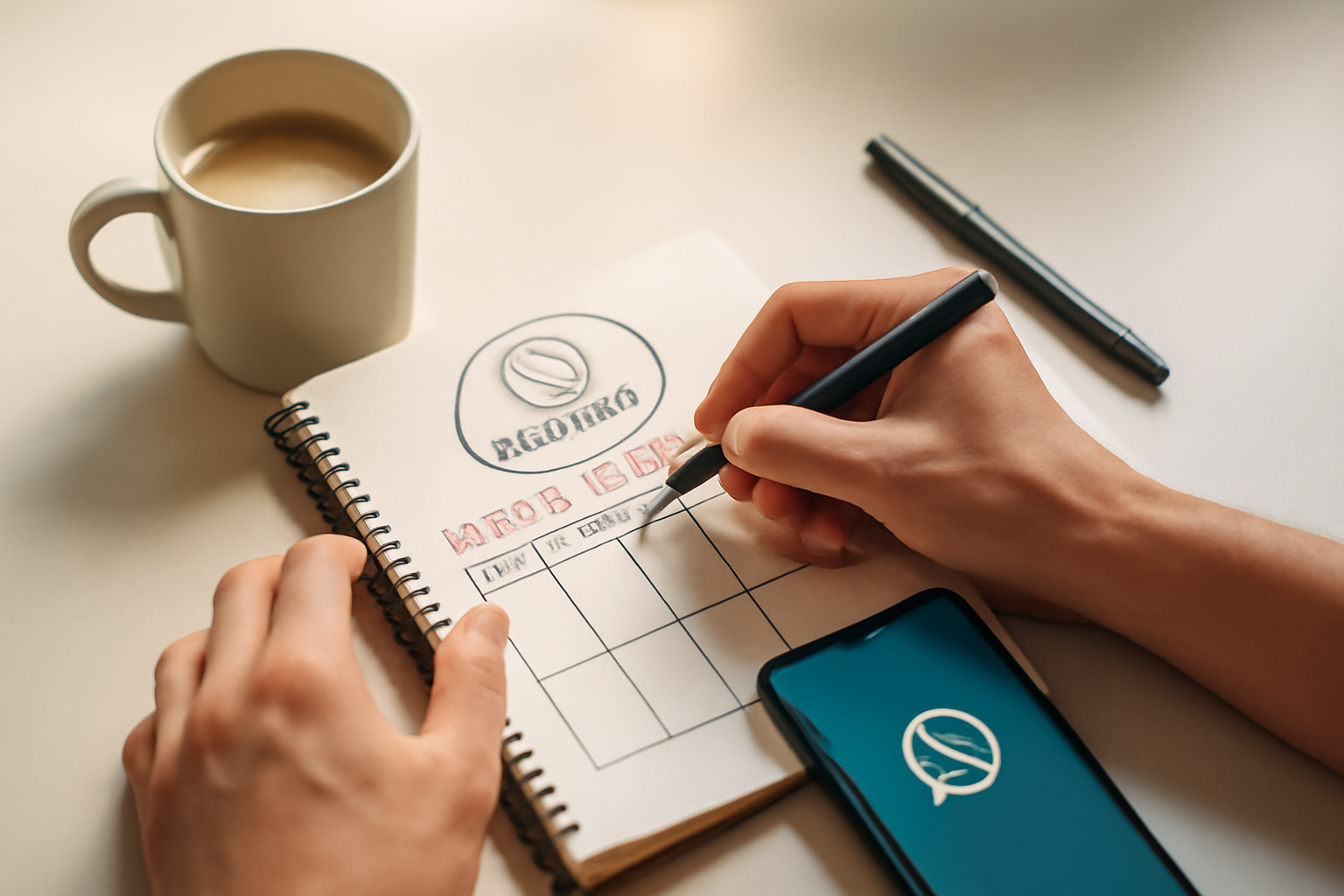 bird's-eye view of hands sketching a weekly WhatsApp content plan on a notepad, with a coffee cup, pen, and phone beside it on a bright clean desk