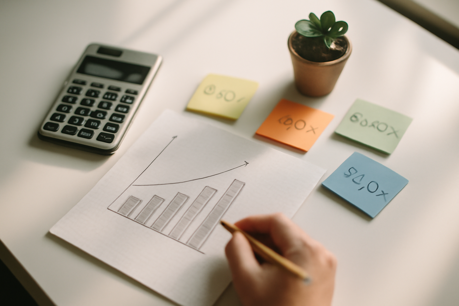 A bird's-eye view of a workspace with a hand-drawn bar chart on graph paper, a calculator, scattered colourful sticky notes labelled with services like