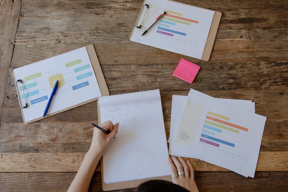 Desk with graphs, charts, and a notebook for business analysis.