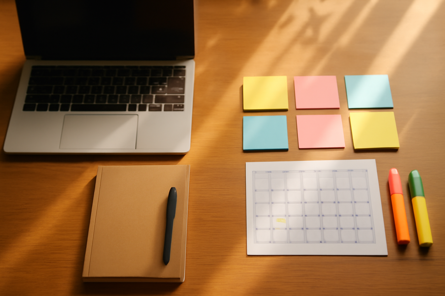 flat-lay aerial view of two contrasting workspaces on a wooden desk — minimalist freelancer side with one notebook and pen, versus organized agency side with color-coded sticky notes, printed calendar, and highlighters, warm natural lighting, no people