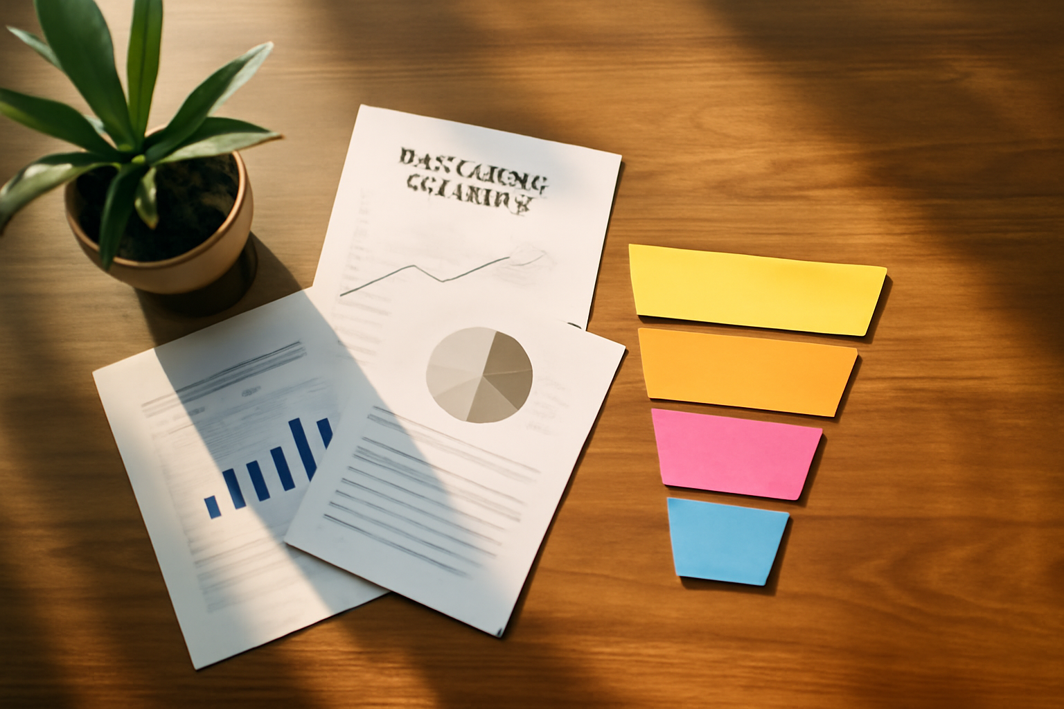 Overhead flat-lay of printed marketing strategy documents, colour-coded sticky notes arranged as a funnel, and a small tropical plant on a wooden desk, representing organised digital marketing planning
