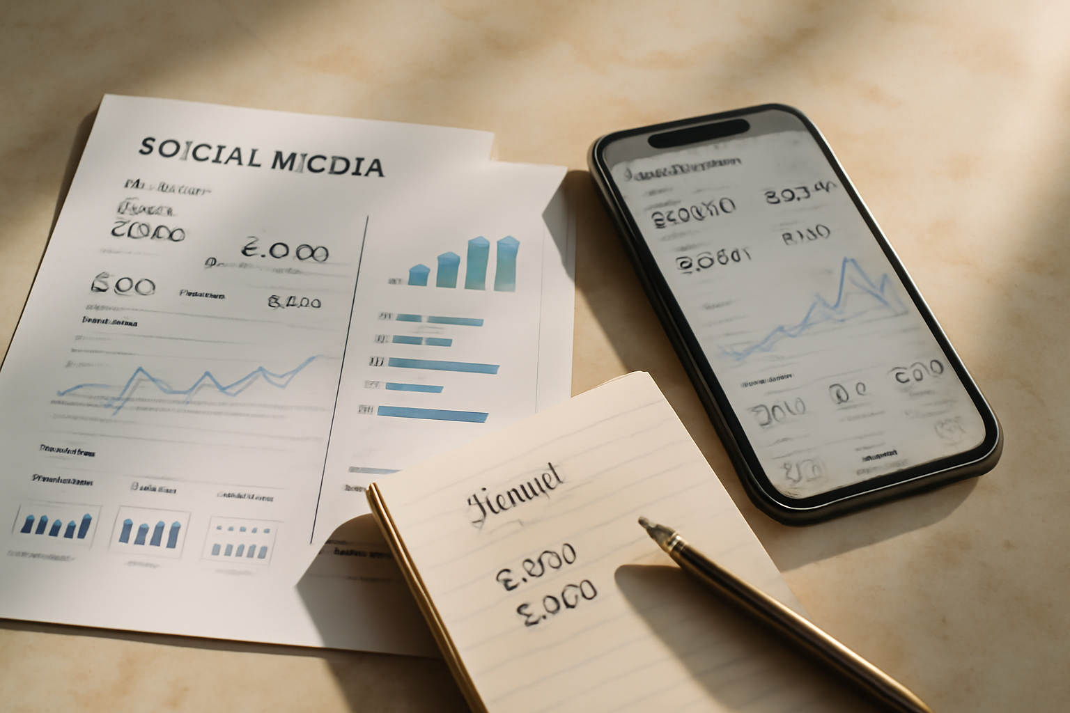 Flat-lay of printed social media analytics reports showing engagement metrics, a mobile phone displaying an ad campaign dashboard, and a pen resting on a notepad with budget notes, on a marble surface