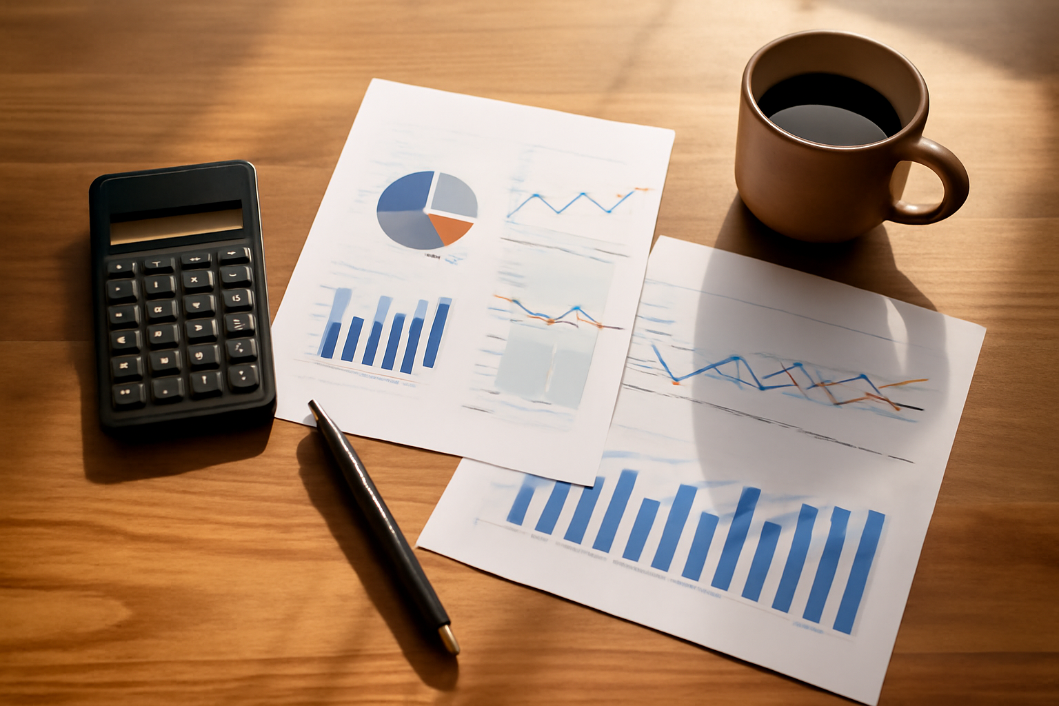 flat-lay of printed analytics dashboards, a calculator, quality pen, and coffee mug on a natural wood desk — warm tones, top-down composition, clean and professional, soft shadows