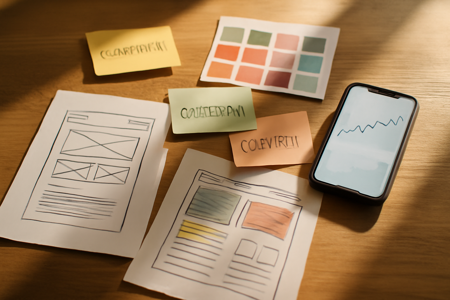 flat-lay of marketing strategy materials — printed website wireframe sketches, colour swatches, sticky notes with campaign ideas, and a smartphone showing a graph, arranged on a wooden desk with warm side lighting