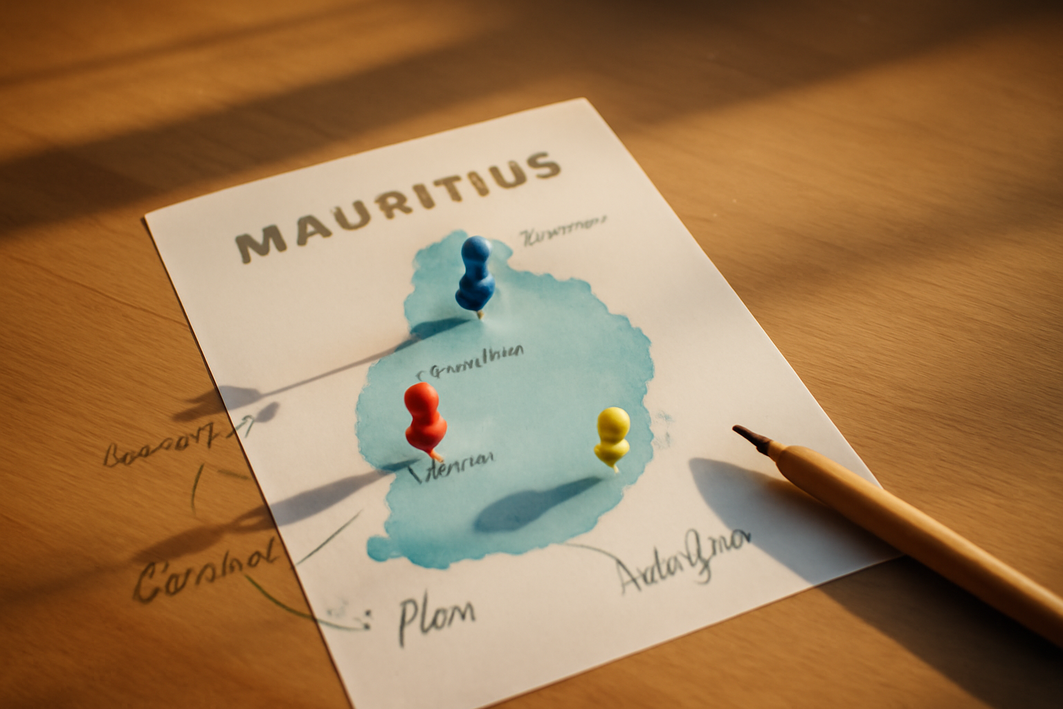bird's-eye view of a Mauritius island map laid on a wooden desk with coloured pins marking different regions — Grand Baie, Port Louis, Ebene — surrounded by handwritten strategy notes and a pencil