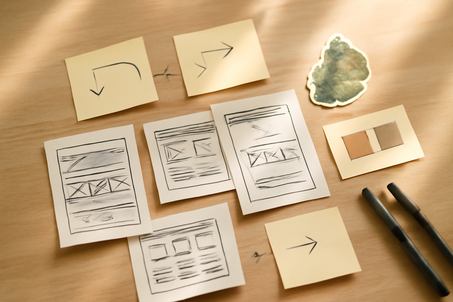 Bird's-eye flat-lay of hand-drawn website wireframes on white paper, surrounded by sticky notes with user journey arrows, a small illustrated map of Mauritius, color swatches, and fine-liner pens, soft morning light