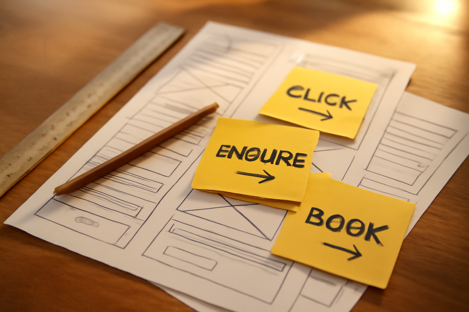Flat-lay of a ruler, pencil, and printed wireframe sheets with sticky notes containing simple arrows labeled 