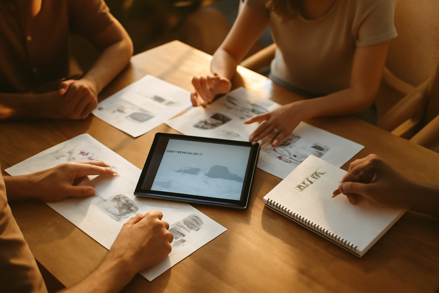 Bird's-eye view of a strategy session with a tablet showing website analytics, a notebook with handwritten goals, and printed reports spread across a wooden table in a warm, natural-light Mauritius office setting