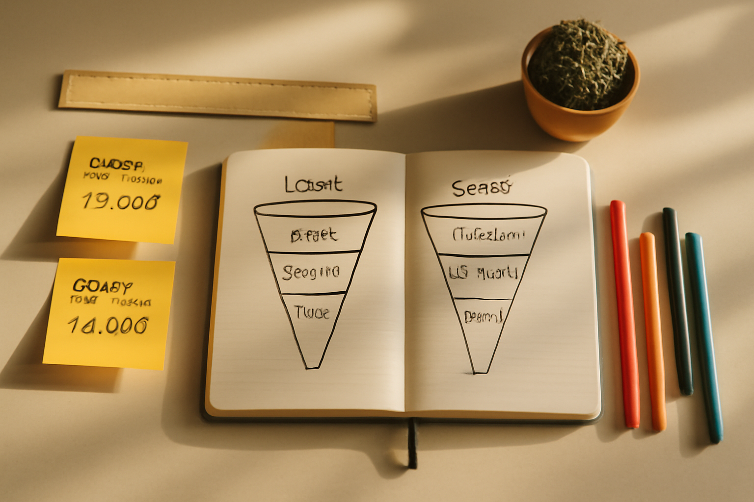 Flat-lay composition of a marketing agency's working tools: an open notebook with hand-drawn funnel diagrams, sticky notes with monthly targets, a ruler, coloured pens, and a small cactus — all arranged on a clean, light-surface desk with warm natural side lighting