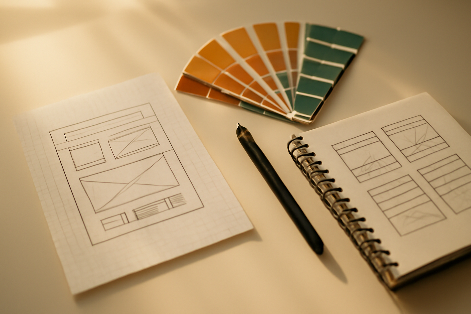 flat-lay of web design tools — wireframe sketches on graph paper, fanned color swatches, a stylus pen, and a spiral notebook with rough layout sketches on a clean white surface, lit by warm natural light