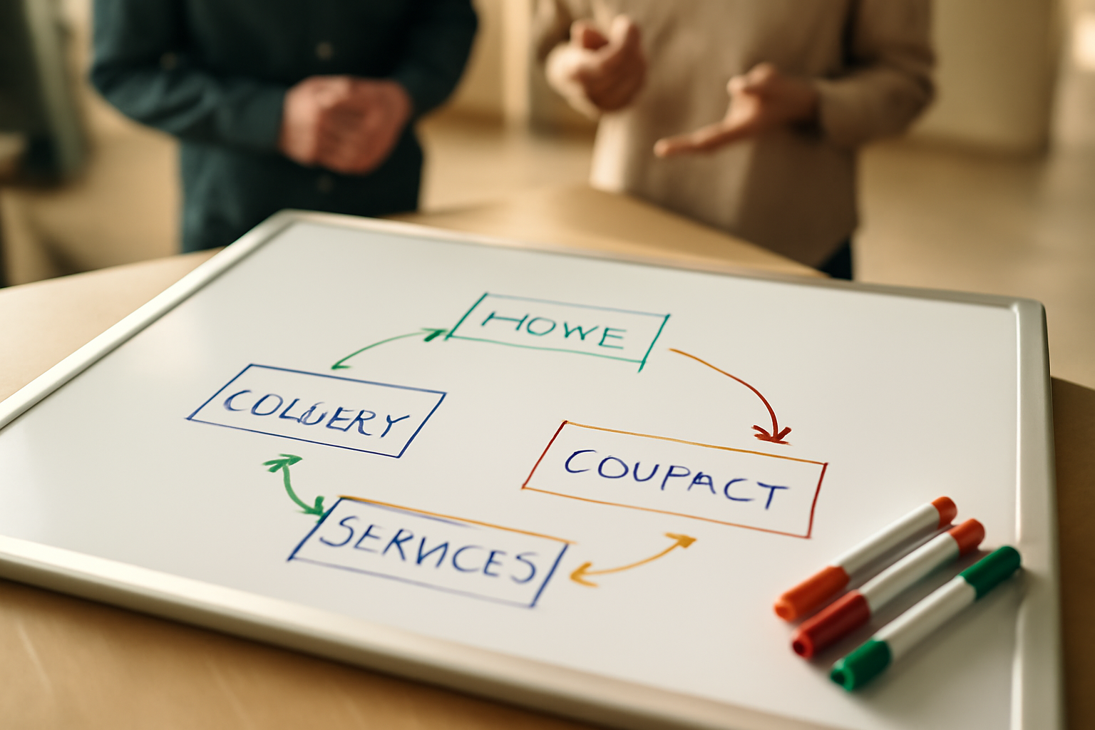 bird's-eye view of a clean whiteboard covered in a website flow diagram — boxes labelled Home, Services, Contact, Gallery connected by arrows drawn in coloured markers — on a light table with a few markers resting beside it, bright and organised