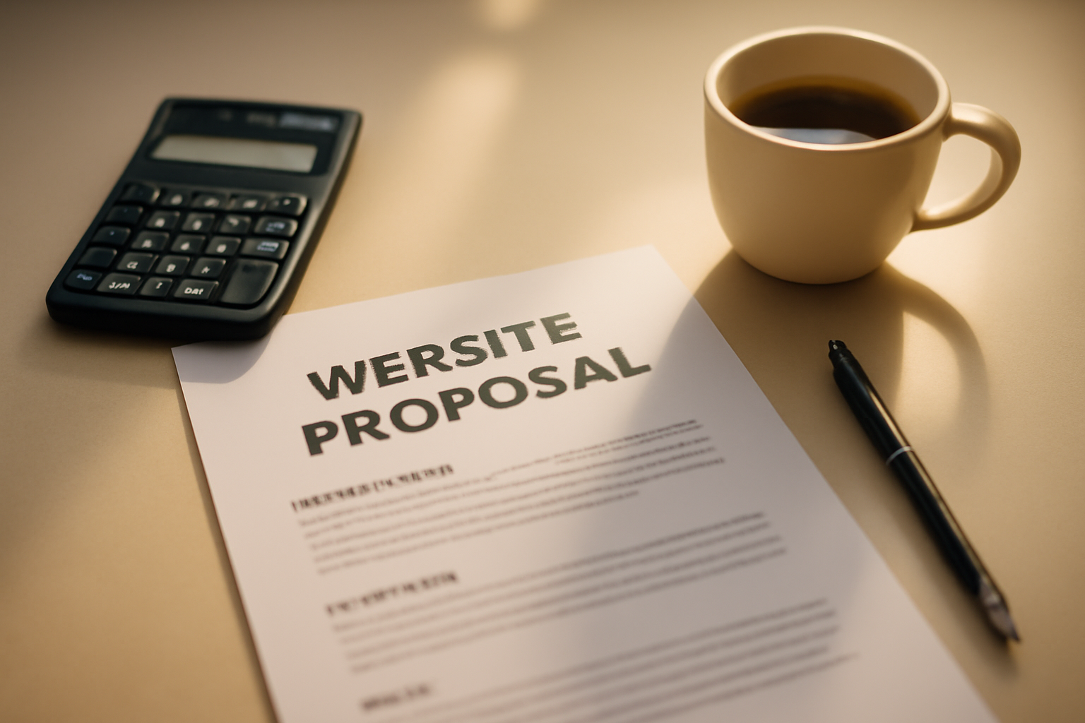 Flat lay of a printed website proposal document on a clean desk next to a calculator, pen, and a cup of coffee — professional and organised aesthetic, warm natural lighting