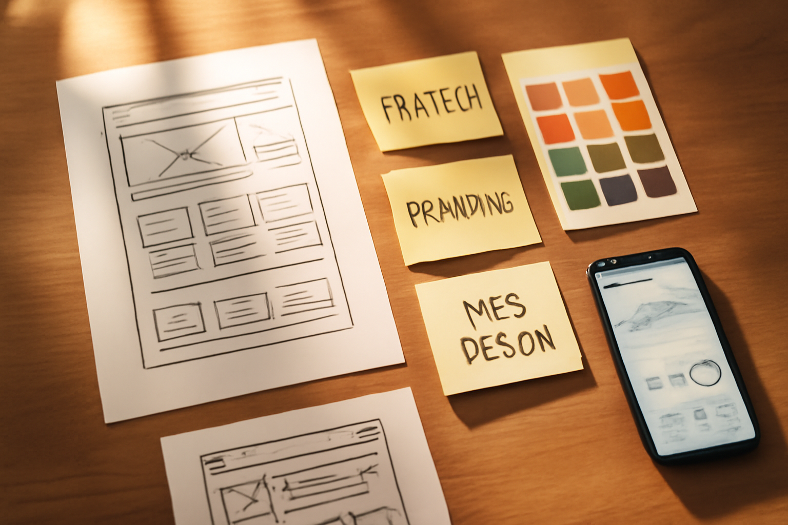 flat-lay of web planning and branding tools on a warm wooden desk — printed wireframes, sticky notes with strategy keywords, color swatches, and a smartphone showing website analytics — warm afternoon light, editorial overhead style, no people, no readable text