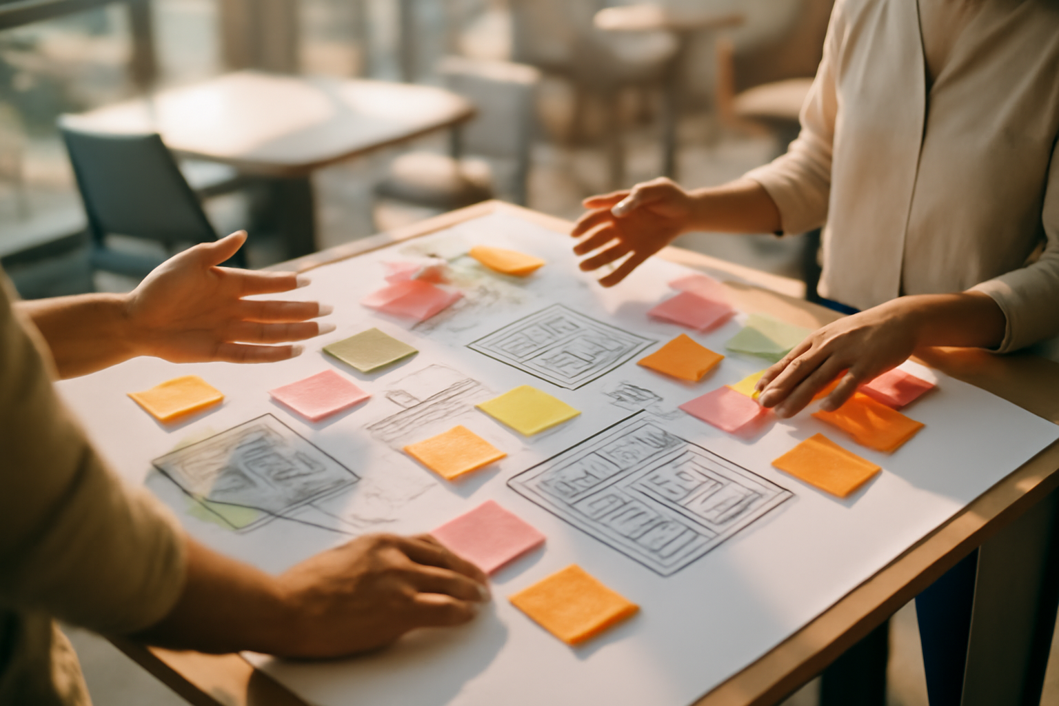 bird's-eye view of a marketing strategy brainstorm session — a large whiteboard covered in colourful sticky notes, hand-drawn website wireframes, and flowchart arrows, with two sets of hands gesturing at different sections, in a bright modern open-plan workspace with natural light