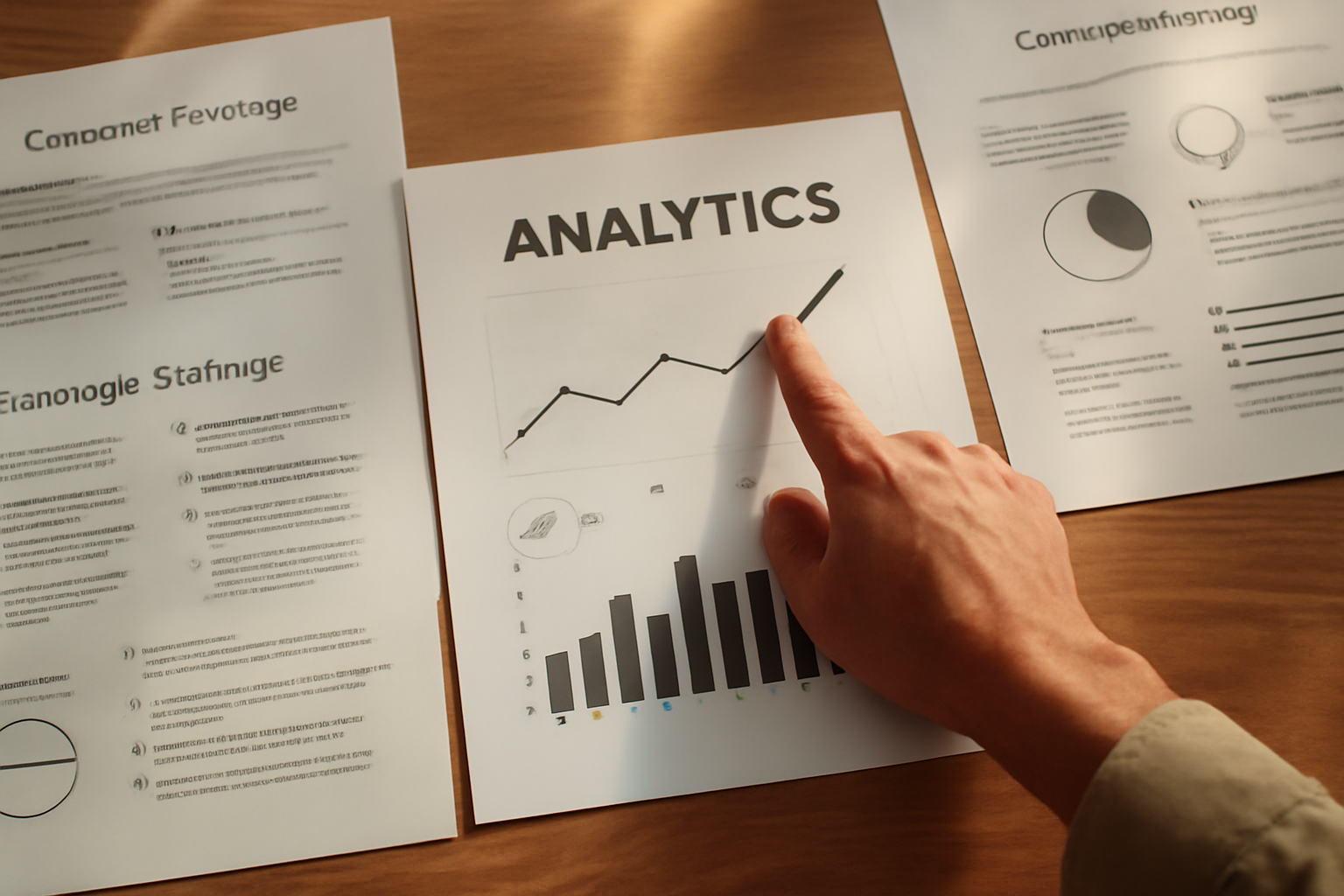 bird's-eye view of a printed analytics report on a desk with a hand pointing to an upward trend line, surrounded by printed campaign strategy notes