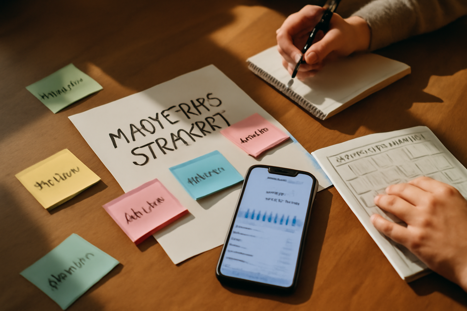 bird's-eye view of a marketing strategy table with sticky notes, a notebook, a phone showing Instagram analytics, and a handwritten content calendar in warm natural office lighting