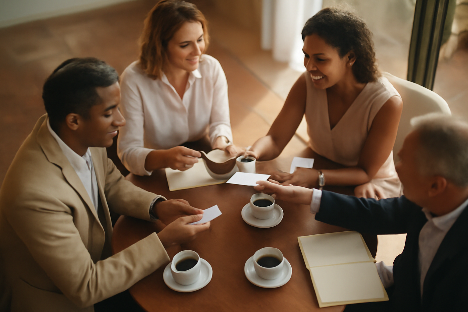 Bird's-eye view of a small roundtable business gathering in Mauritius, people exchanging business cards over coffee, notebooks open, warm natural window light, relaxed professional atmosphere