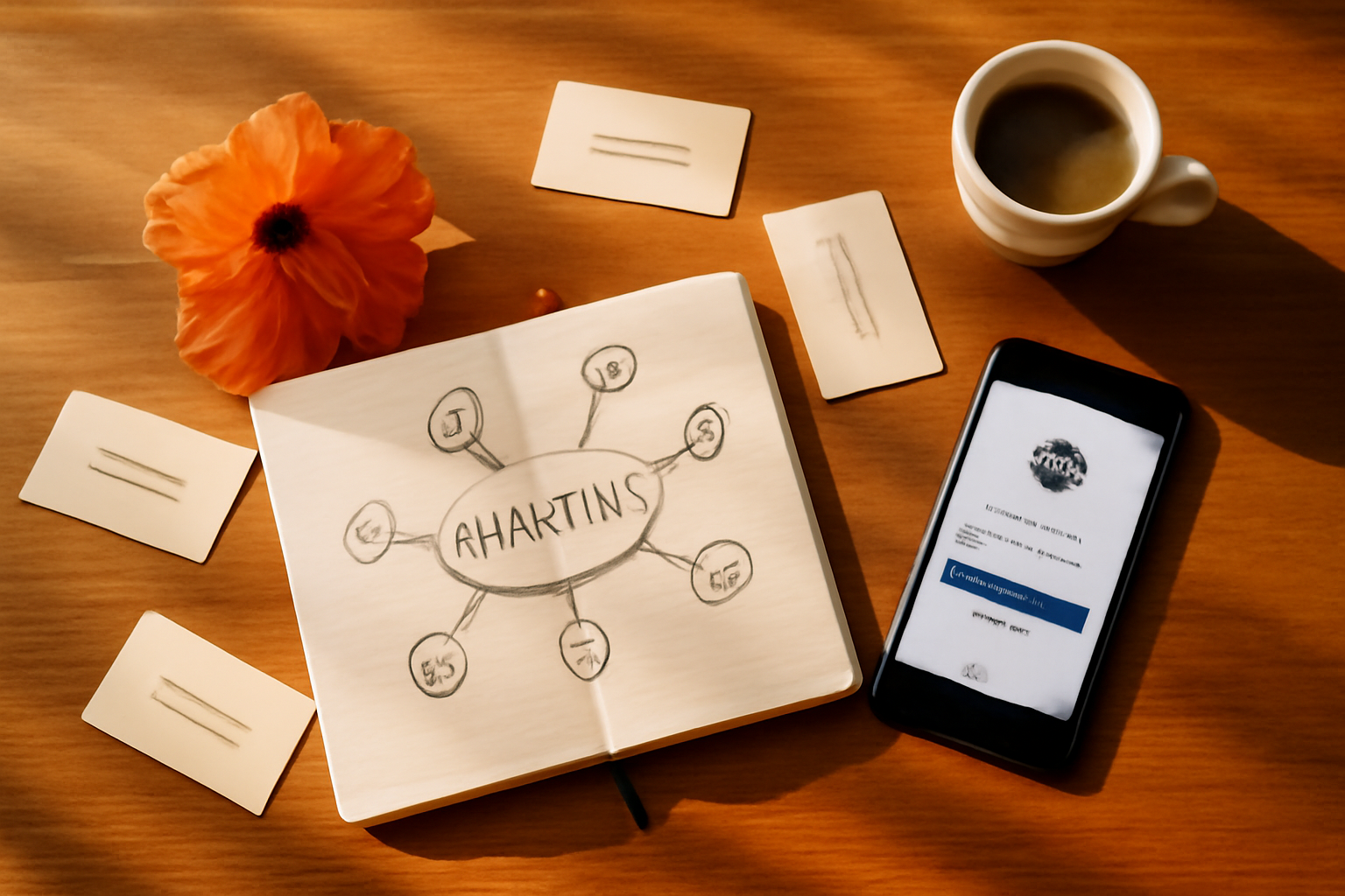 Flat-lay of Mauritius professional networking props — open notebook with a hand-drawn connection map, scattered business cards, a phone showing a LinkedIn connection screen, a hibiscus flower, and a small coffee cup on a wooden desk surface, warm morning light