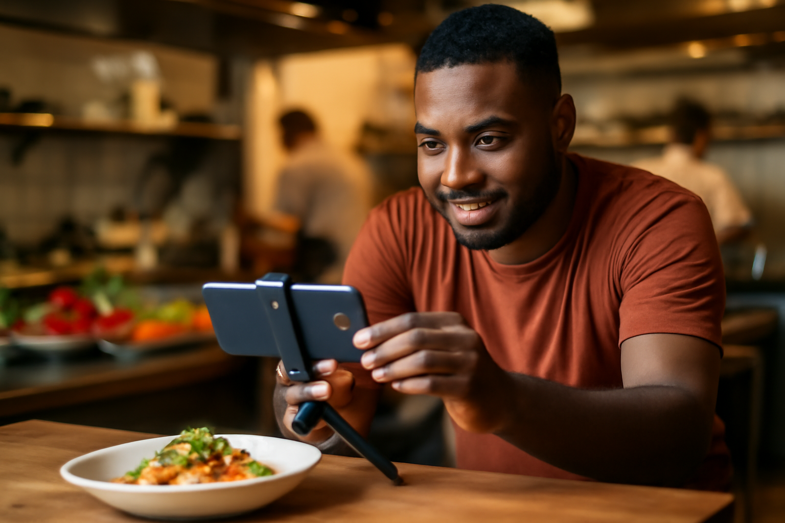 A Mauritian content creator filming a short video of a freshly plated dish inside a local restaurant kitchen, phone mounted on a small tripod, warm natural light, colourful local food props in the background — authentic and vibrant atmosphere
