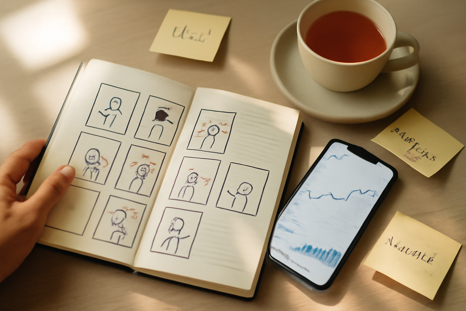 Flat lay of a social media content strategy session: open notebook with hand-drawn TikTok video storyboards, a phone showing an analytics graph, a cup of Mauritian tea, scattered sticky notes with content ideas — top-down view, bright natural daylight, clean and focused mood