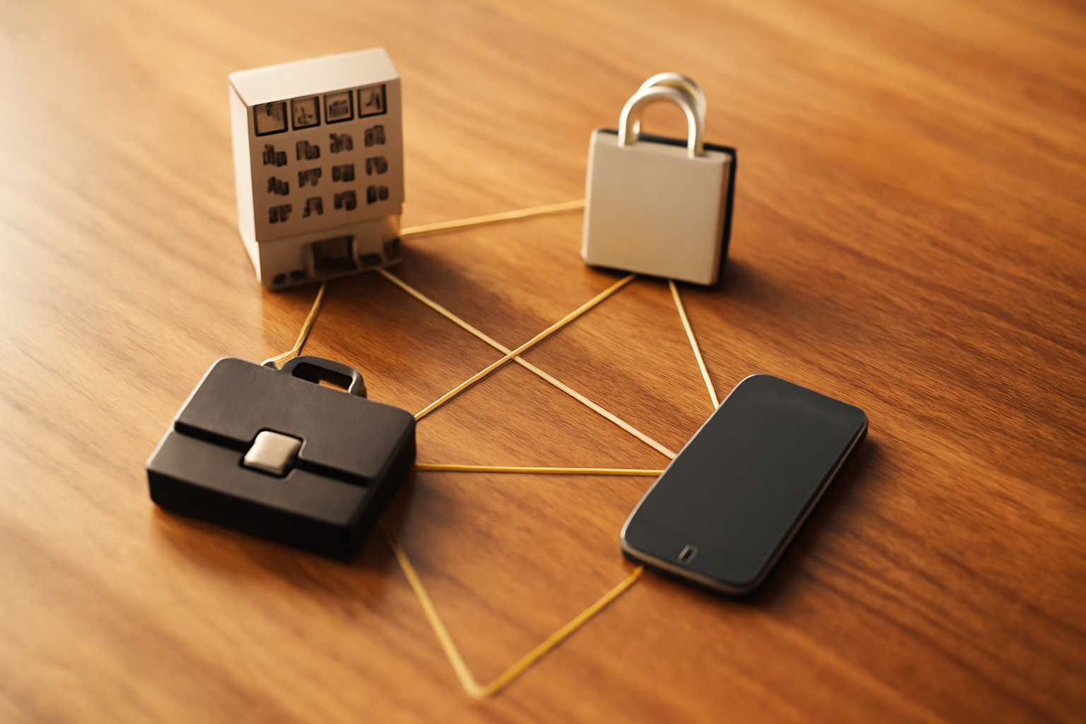 bird's-eye flat-lay of miniature industry props — hotel model, shopping bag, briefcase, and phone — connected by golden thread lines on a warm wooden surface