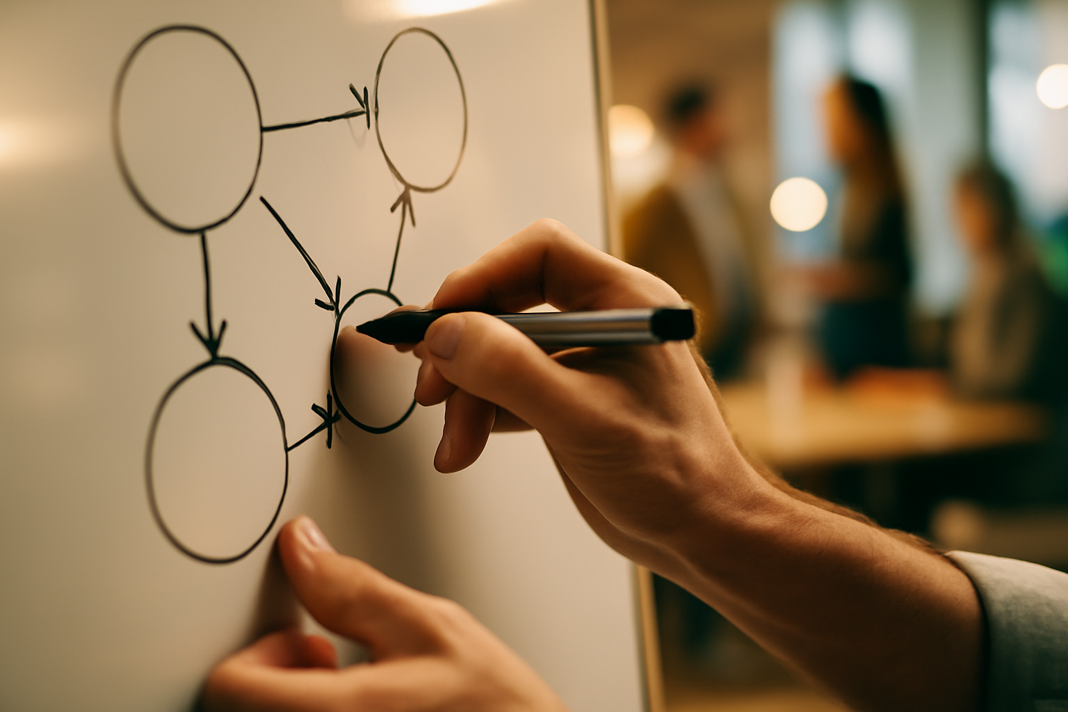 hands writing a network strategy map on a whiteboard with arrows and circles, warm professional office lighting, no screens visible