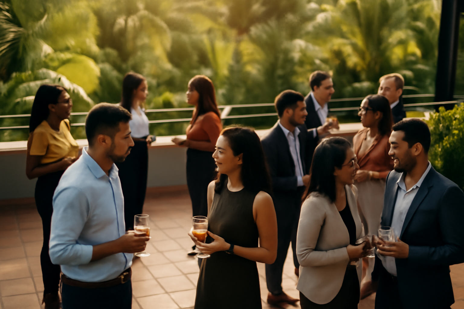 Overhead view of a small business networking event in Mauritius, people standing in pairs and small groups on an outdoor terrace, holding drinks, tropical greenery visible, warm golden-hour lighting, genuine candid conversation energy
