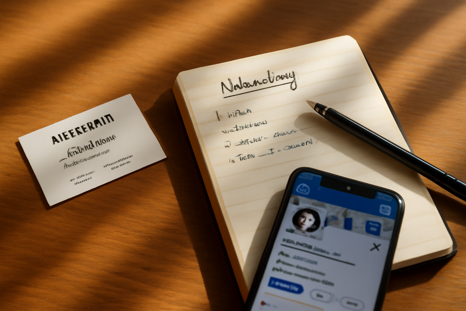 Close-up flat-lay of a Mauritian business card, open notebook with handwritten names and networking notes, a pen, and a smartphone with a LinkedIn profile visible, warm wooden desk, soft directional natural light from the side