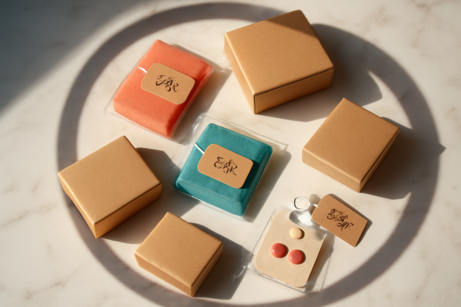 bird's-eye flat-lay of small packaged products, kraft boxes, handwritten price tags, and a ring light shadow on a white marble surface — warm editorial commercial photography, coral and teal accents, no text