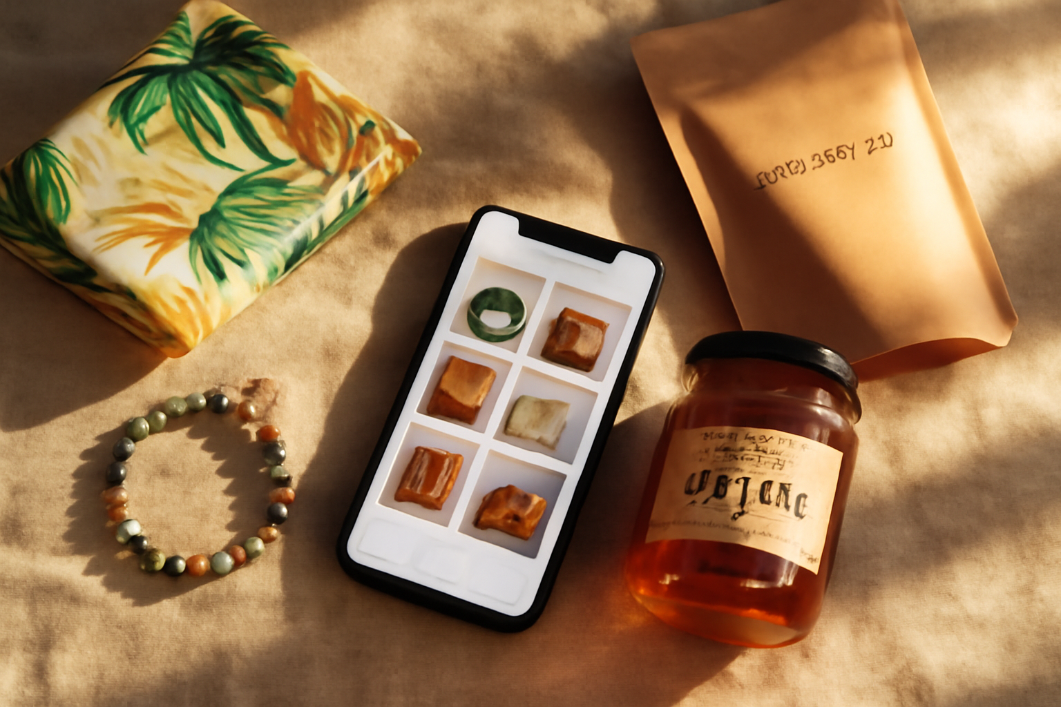 flat-lay bird's-eye view of artisanal Mauritius products — tropical-print fabric, handmade bracelet, local honey jar, kraft paper packaging — arranged around a smartphone showing a product grid, on warm cream linen with golden-hour side lighting