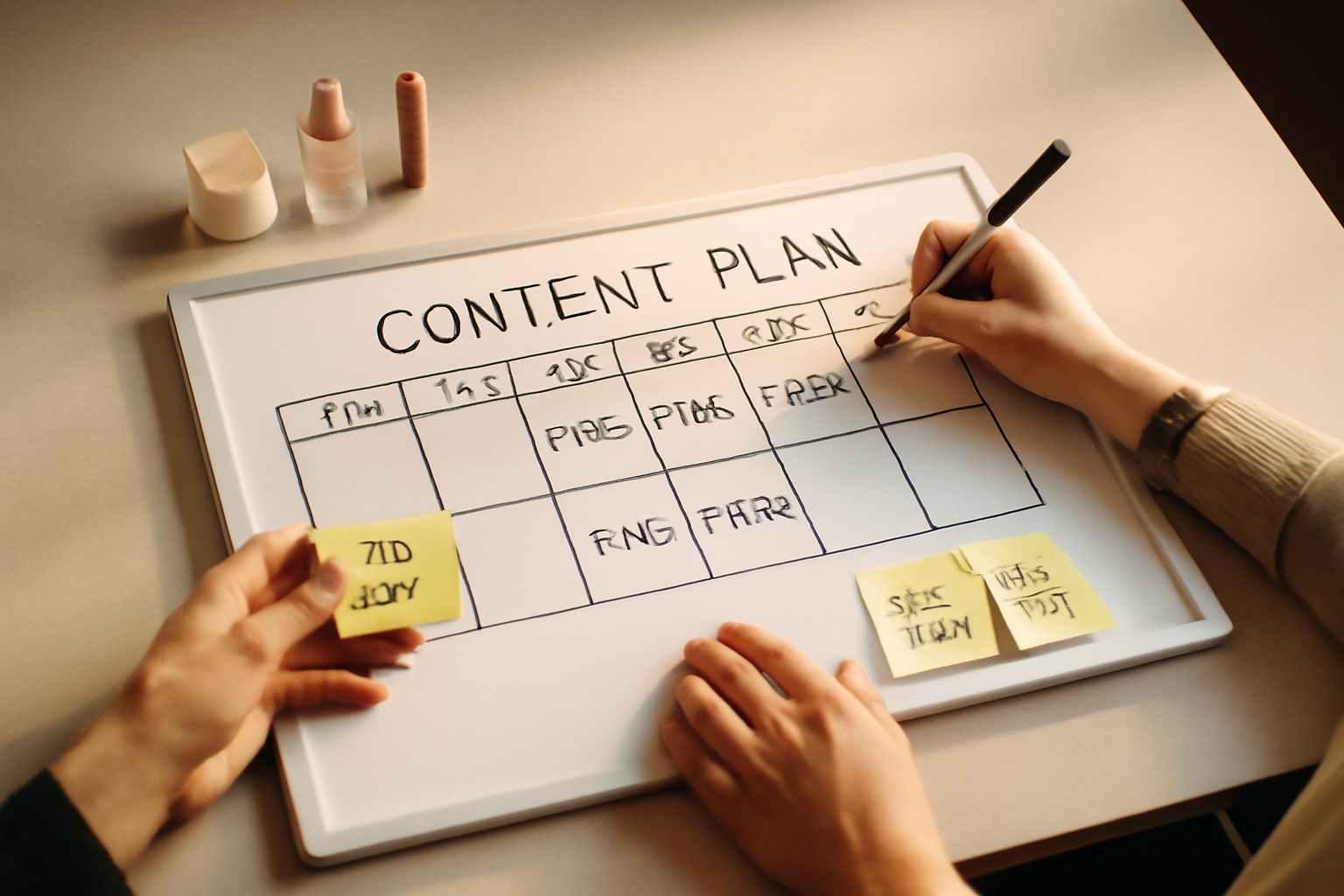 bird's-eye view of a content planning session — a whiteboard with a weekly TikTok posting calendar sketched out, product samples arranged to the side, sticky notes reading