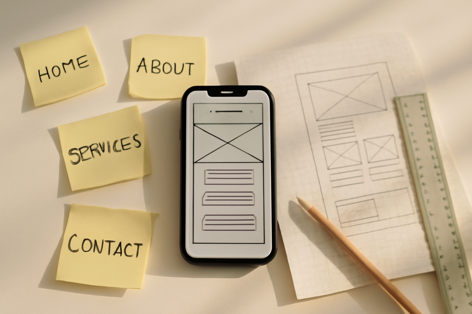 flat-lay of a smartphone showing a mobile website wireframe, sticky notes with navigation labels in black marker, a ruler and pencil resting on graph paper with hand-drawn layout sketches, warm natural light, top-down bird's-eye view on a white desk