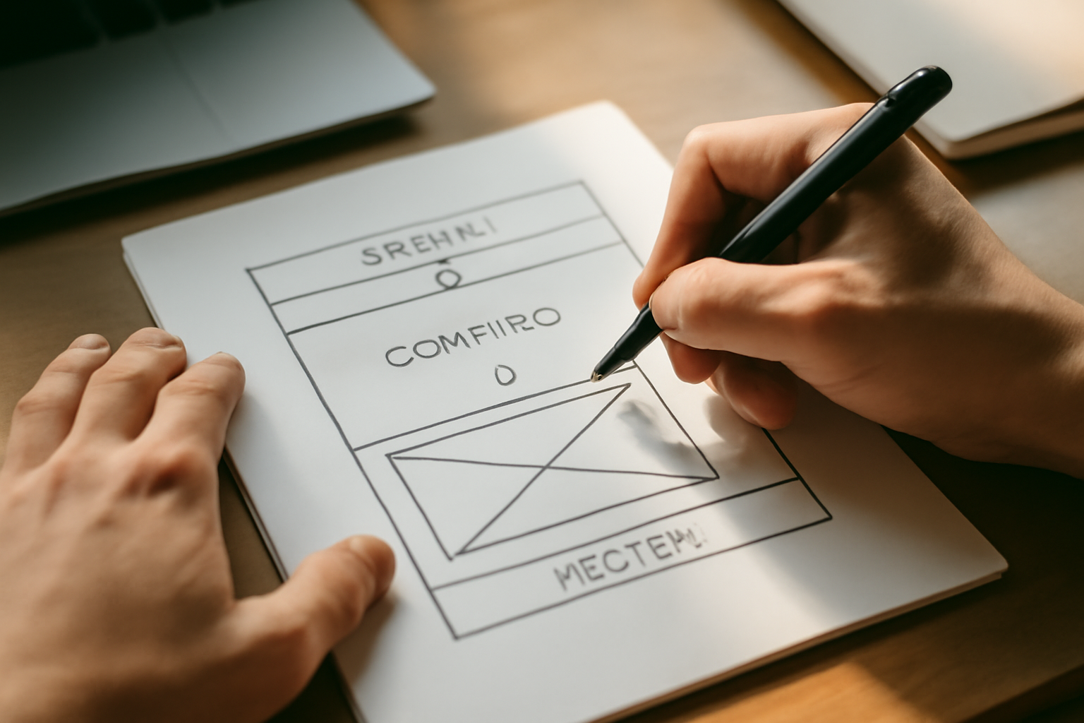 hands sketching a website layout on white paper with arrows and section labels for header, content, and footer areas, clean overhead shot, black ink pen, soft natural light from the side