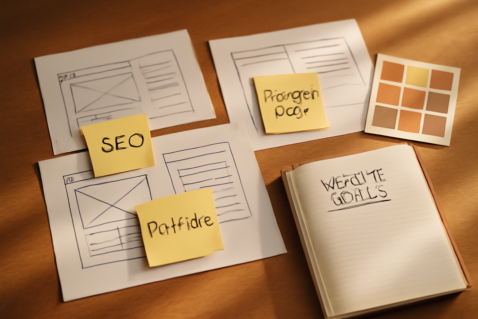 Top-down flat-lay of a desk with printed wireframe sketches, sticky notes labeled 