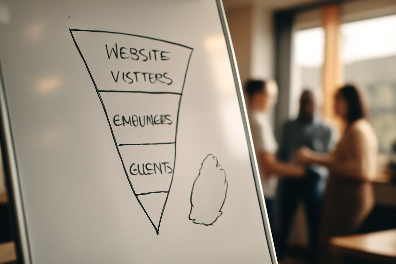 Close-up of a whiteboard photographed at a slight angle showing a hand-drawn funnel diagram with labels 