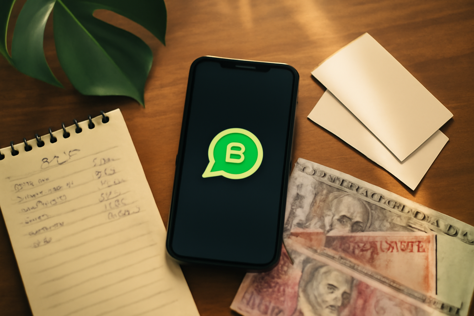 flat-lay of a smartphone showing WhatsApp Business green logo, surrounded by a handwritten order notebook, business cards, Mauritian rupee notes, tropical leaf, warm wooden surface, natural side-lighting